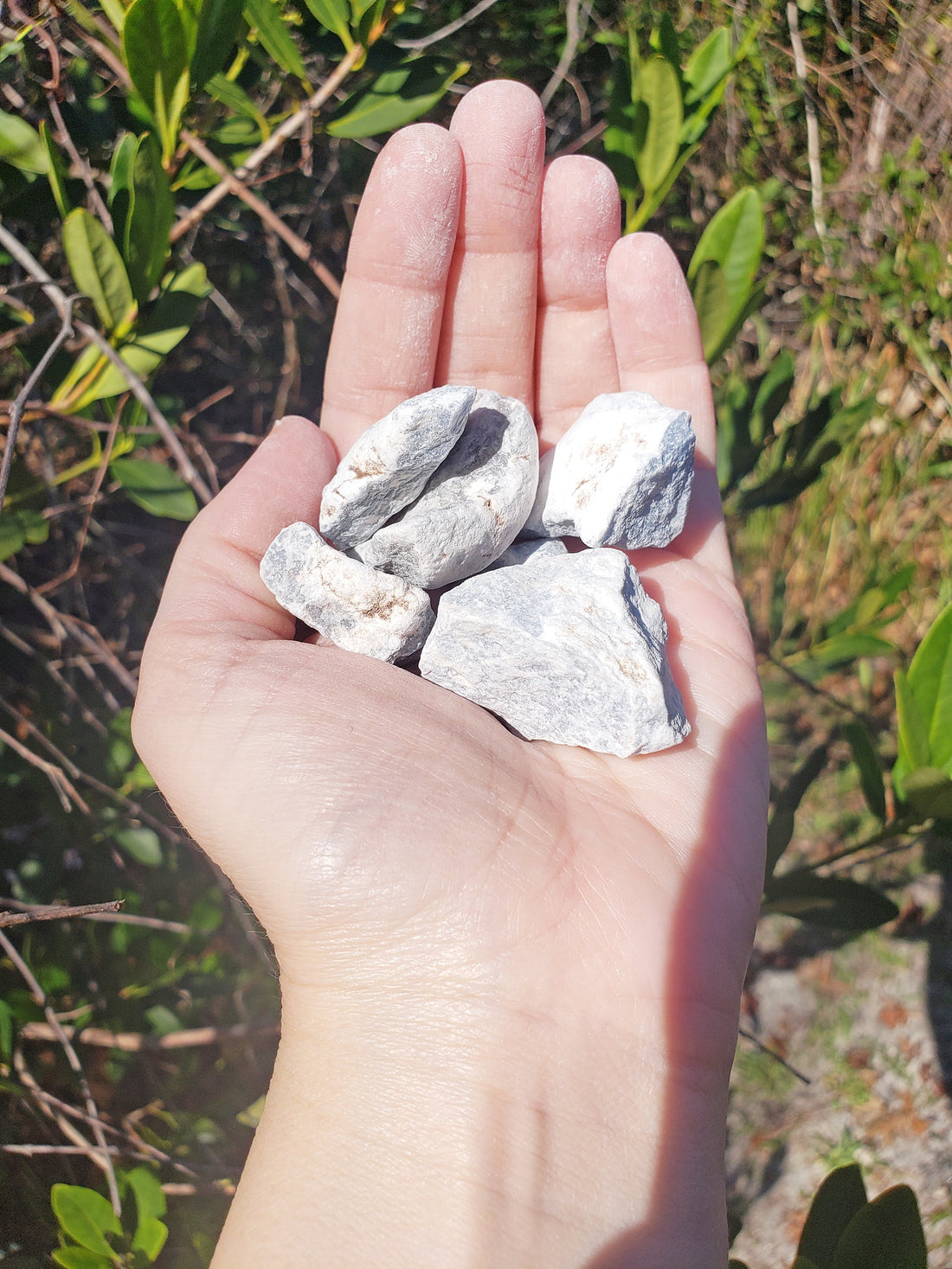rough angelite stones in hand