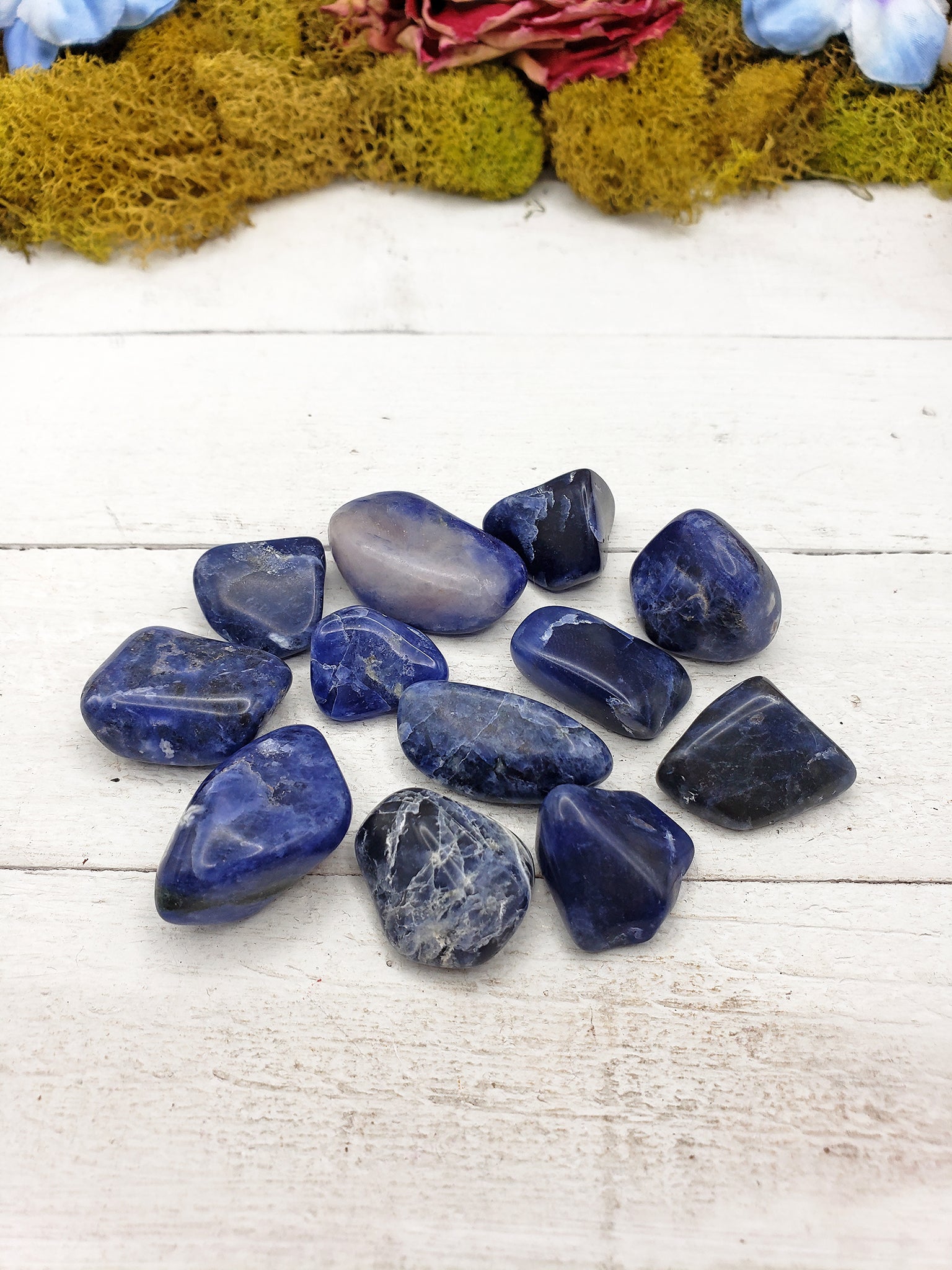 tumbled sodalite on display