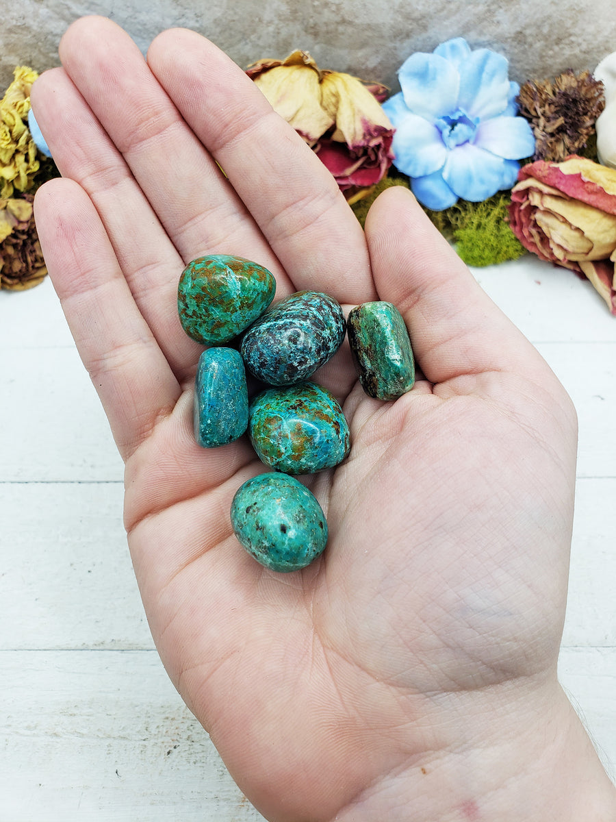 chrysocolla stones in hand