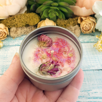 Love Spell - 2oz Coconut Soy Wax Handmade Scented Candle - Natural Dried Herbs and Rose Quartz Crystal Chips