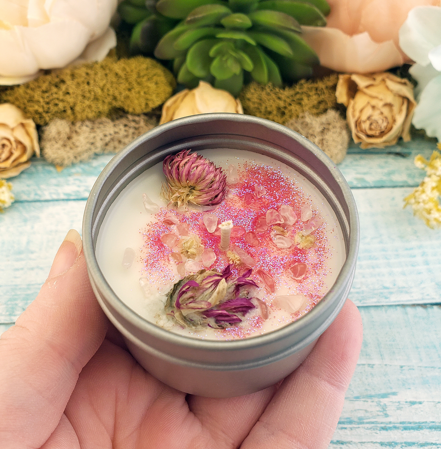Love Spell - 2oz Coconut Soy Wax Handmade Scented Candle - Natural Dried Herbs and Rose Quartz Crystal Chips