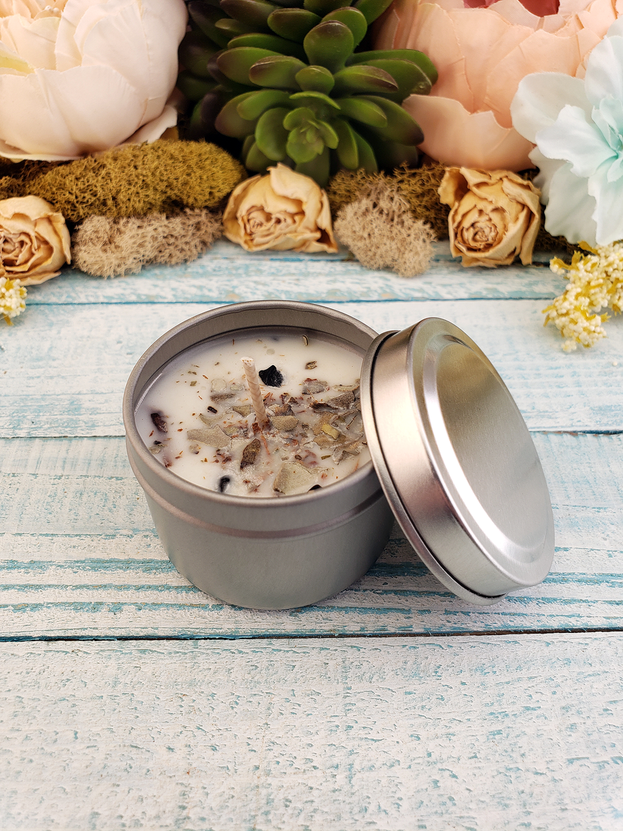 Manifestation - 2oz Natural Coconut Soy Wax Handmade Scented Candle - Scented with Essential Oils - Decorated with Crystal Chips and Dried Herbs - Black Tourmaline White Sage Bayberry Bark