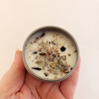 Manifestation - 2oz Natural Coconut Soy Wax Handmade Scented Candle - Scented with Essential Oils - Decorated with Crystal Chips and Dried Herbs