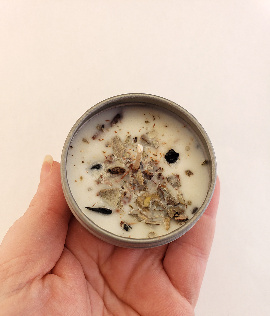 Manifestation - 2oz Natural Coconut Soy Wax Handmade Scented Candle - Scented with Essential Oils - Decorated with Crystal Chips and Dried Herbs
