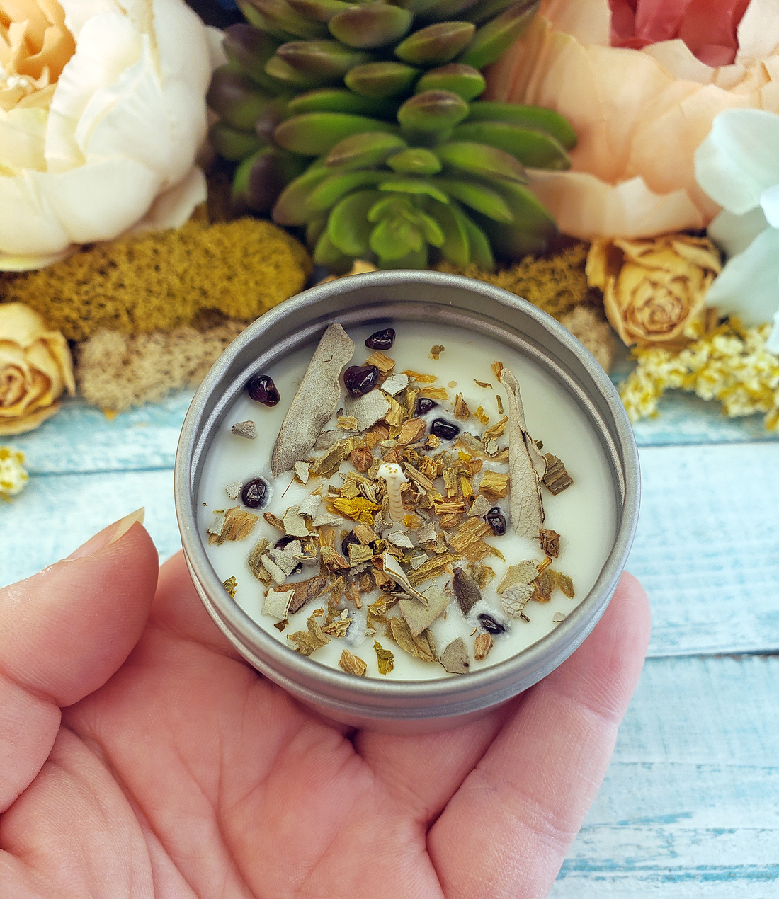 Motivation - 2oz Coconut Soy Wax Handmade Scented Candle - Grapefruit and Ginger Essential Oils Scented - Decorated with Garnet Crystal Chips and Dried Herbs White Sage