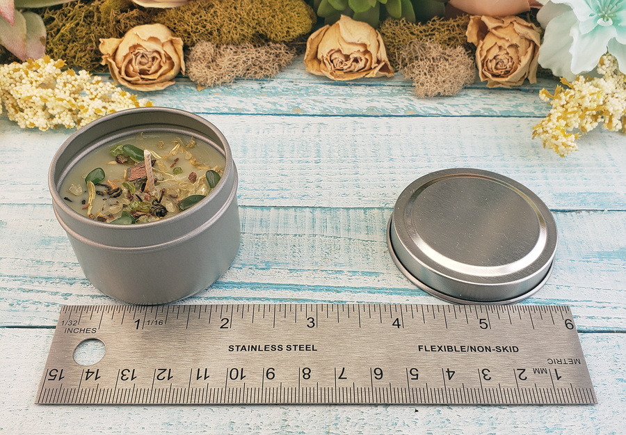 Money - 2oz Coconut Soy Wax Handmade Scented Candle - Scented with Essential Oils - Decorated with Dried Herbs - Measurements