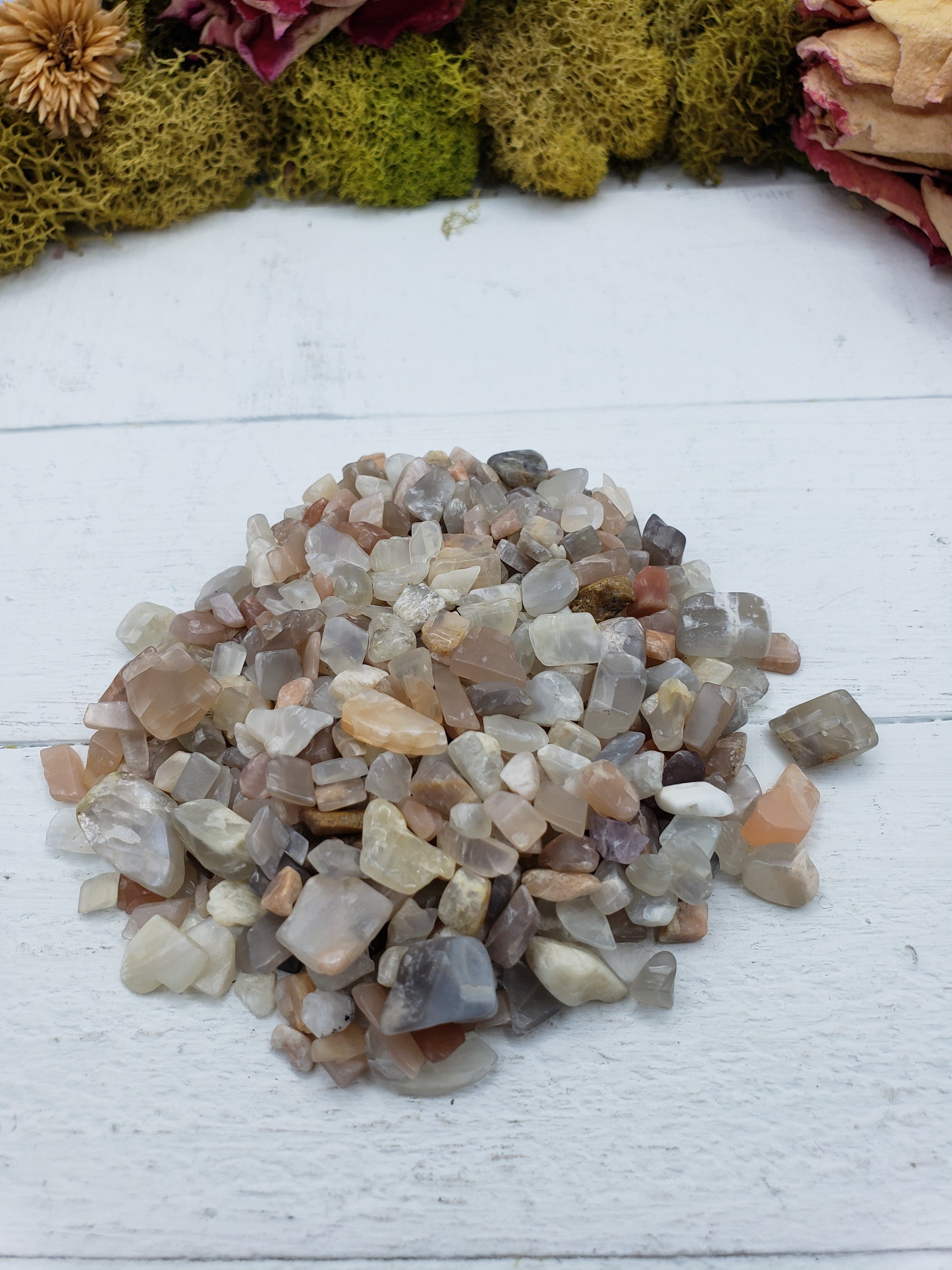 Two ounces of moonstone chips on display