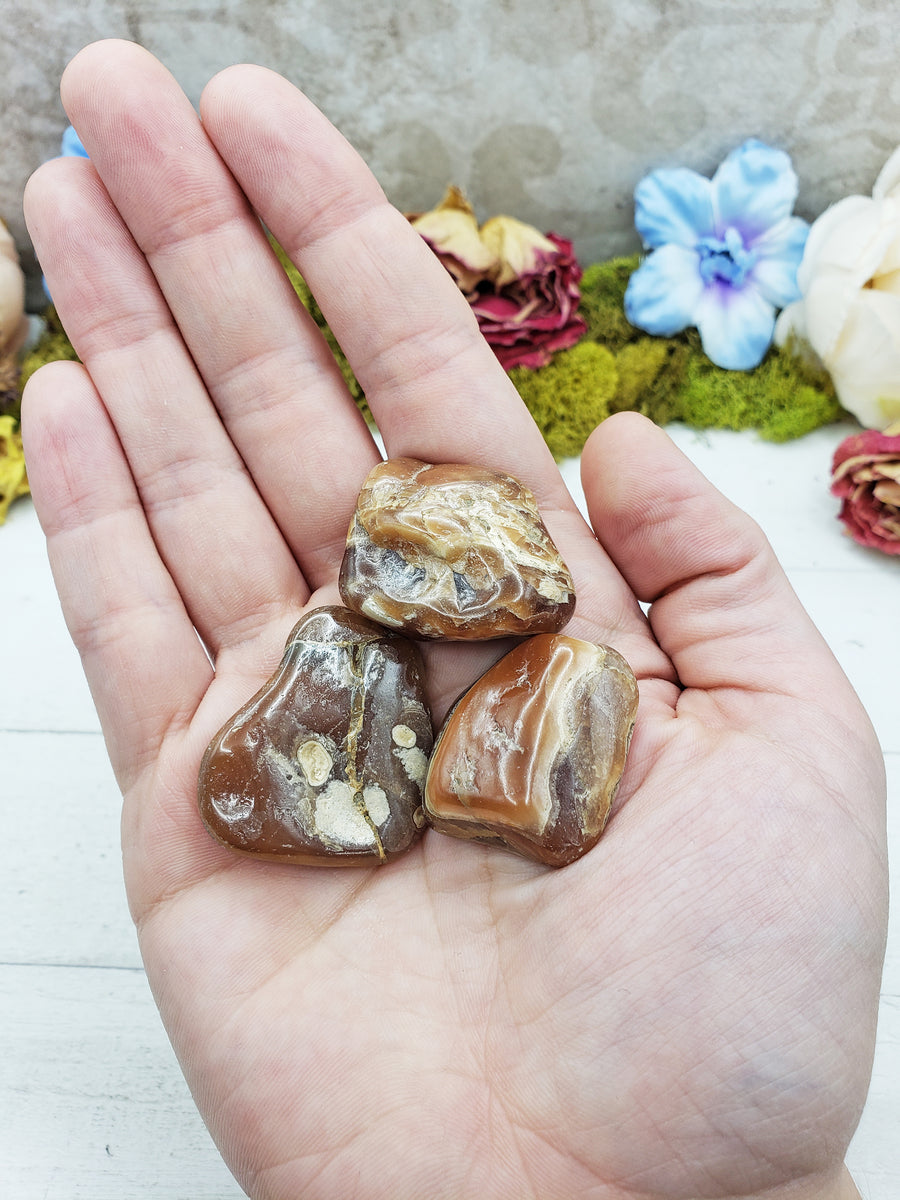 chocolate rhodocrosite stones in hand