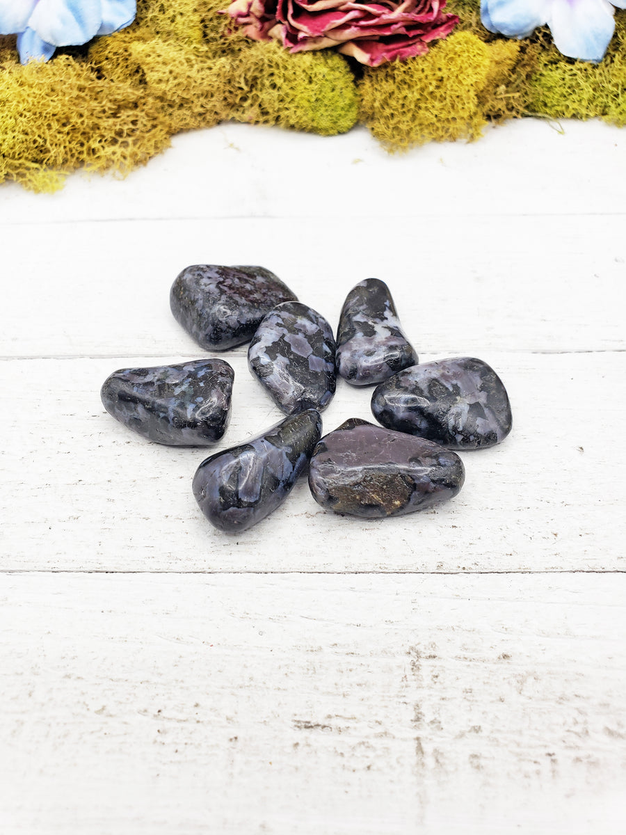 merlinite indigo gabbro stones on board