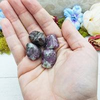 rhodolite garnet in quartz crystals in hand