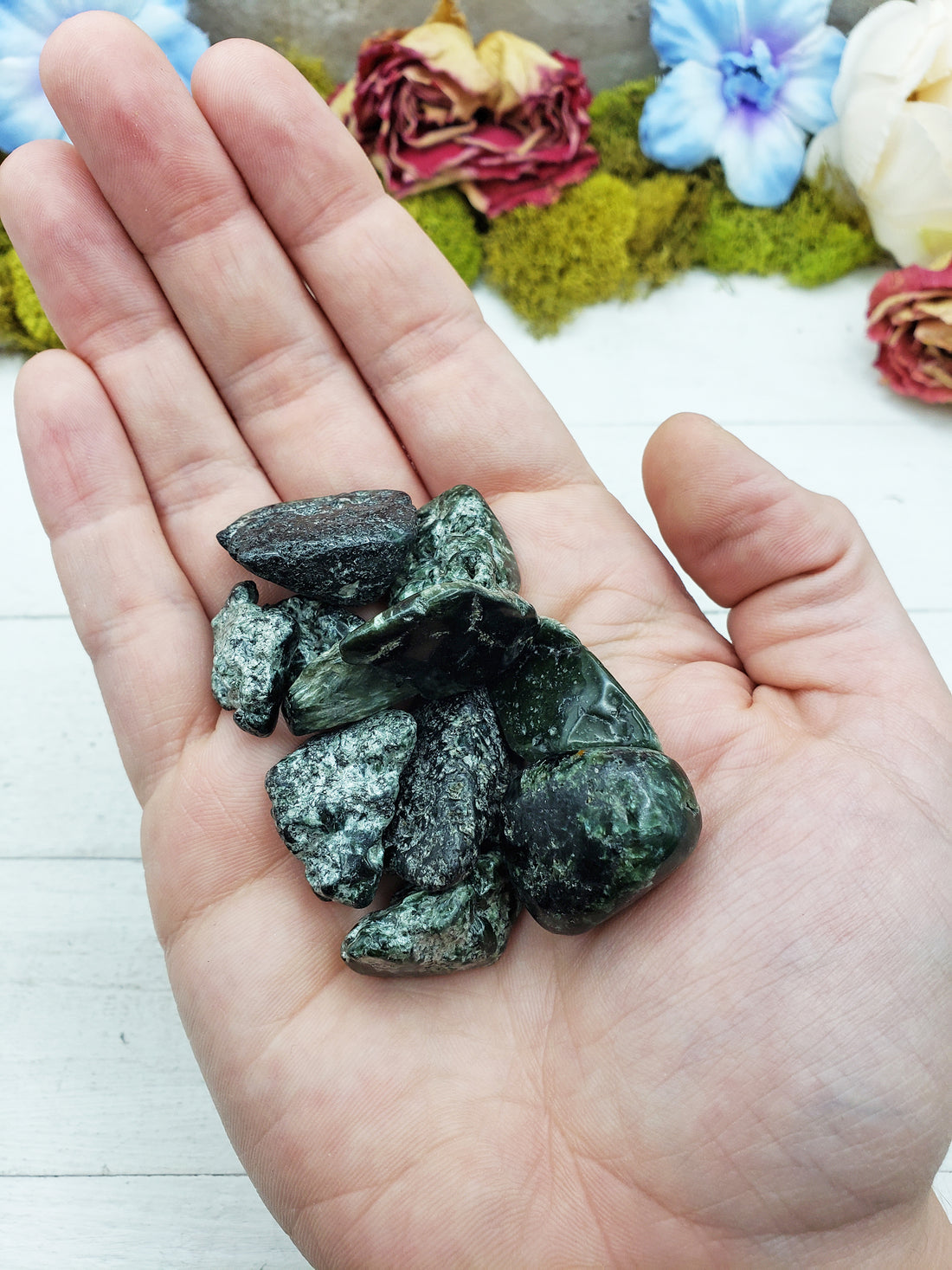 tumbled seraphinite stones in hand