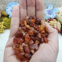 hand holding three ounces of carnelian chips