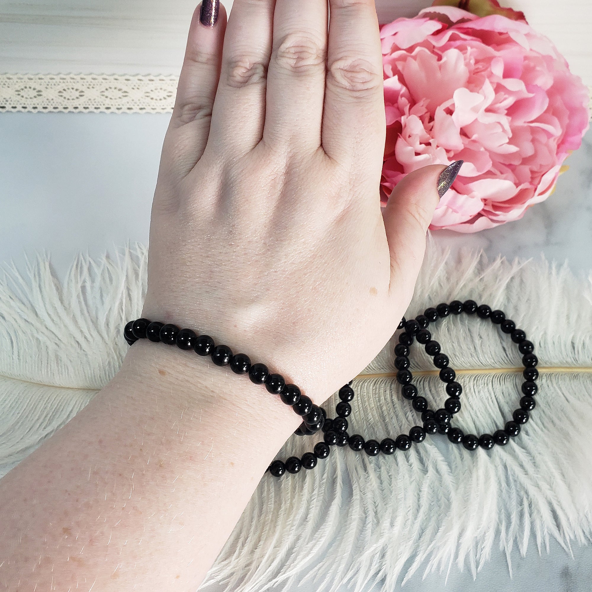 Black Tourmaline Crystal Natural Gemstone 4-6mm Beaded Bracelet - 8