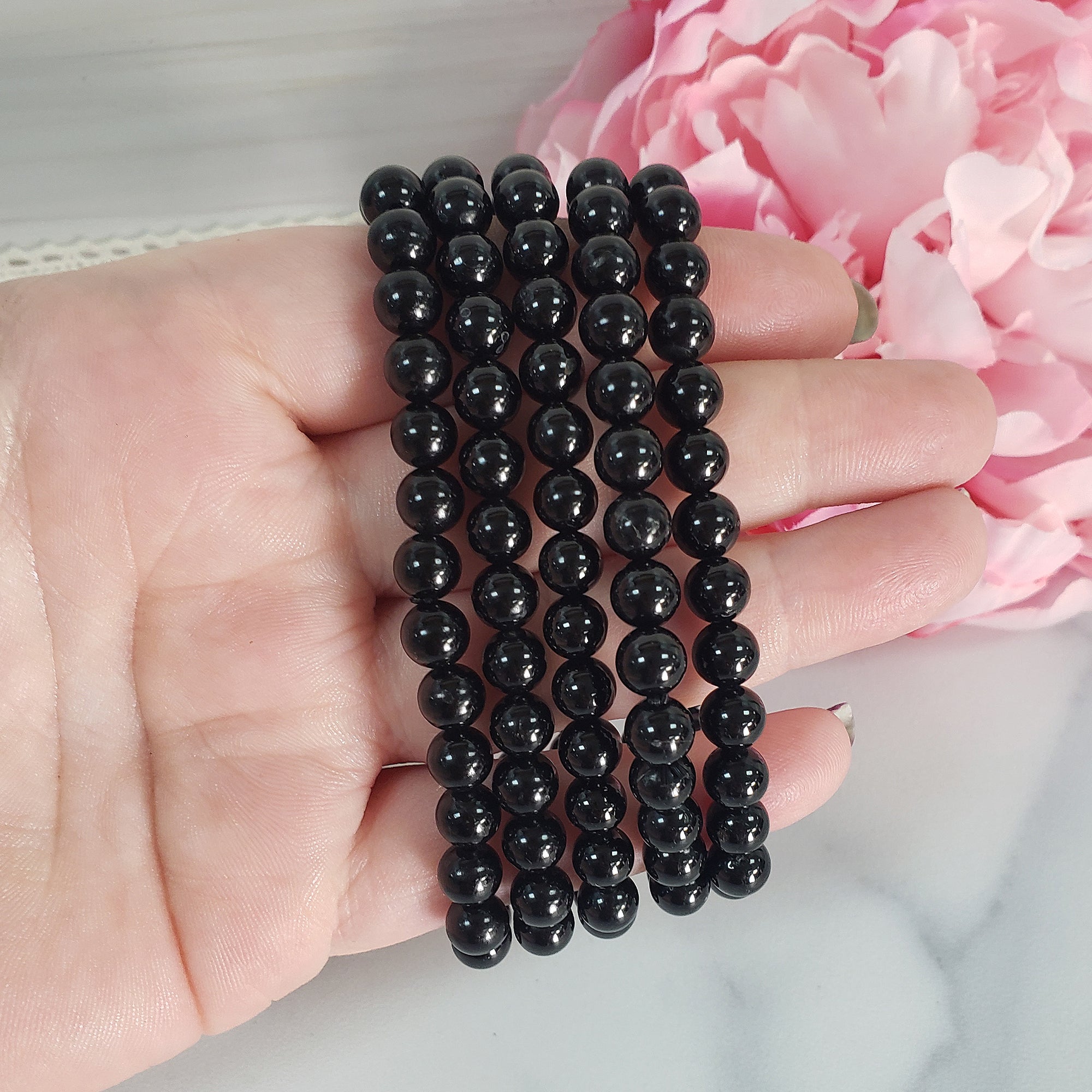 Black Tourmaline Crystal Natural Gemstone 4-6mm Beaded Bracelet - 1