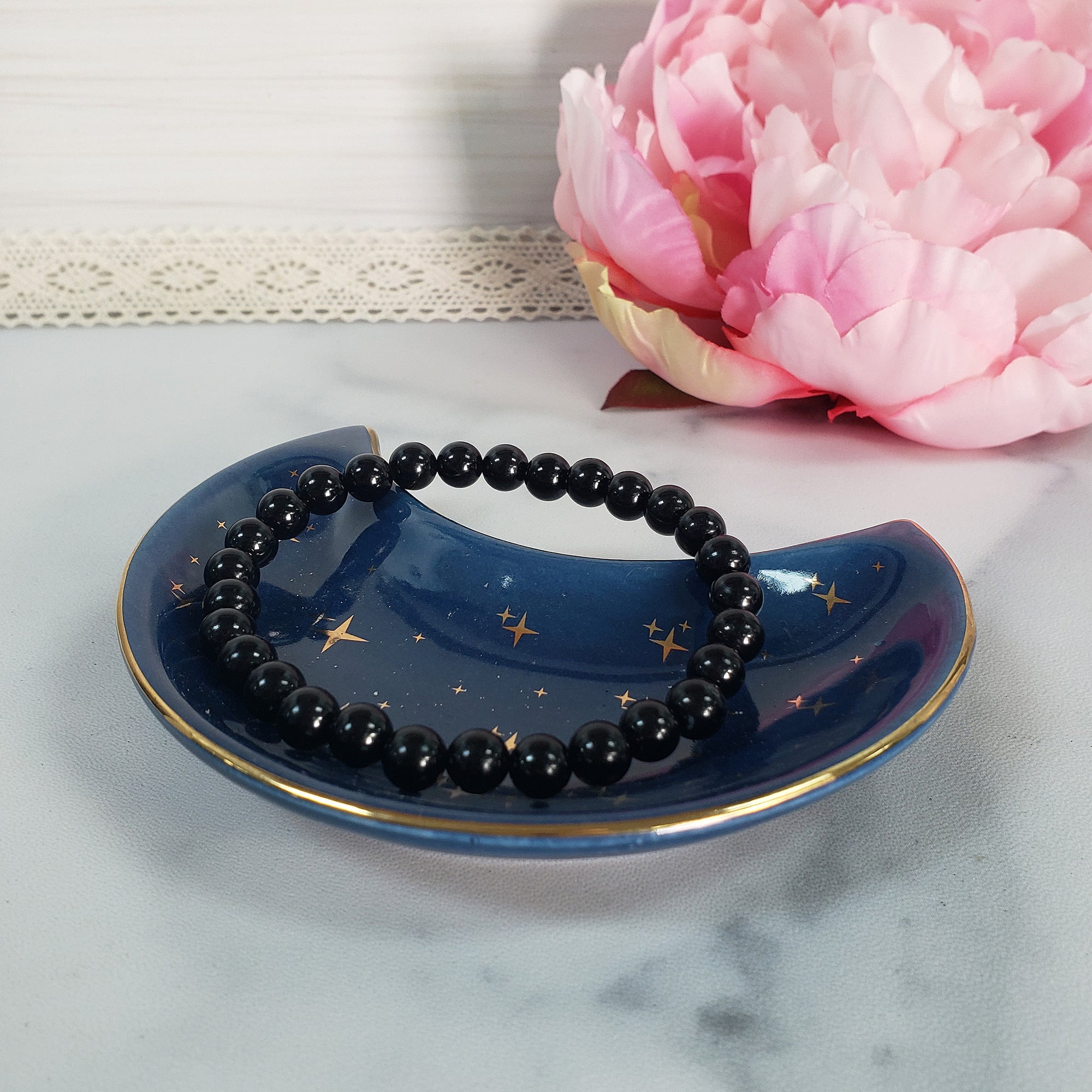 Black Tourmaline Crystal Natural Gemstone 4-6mm Beaded Bracelet - 6