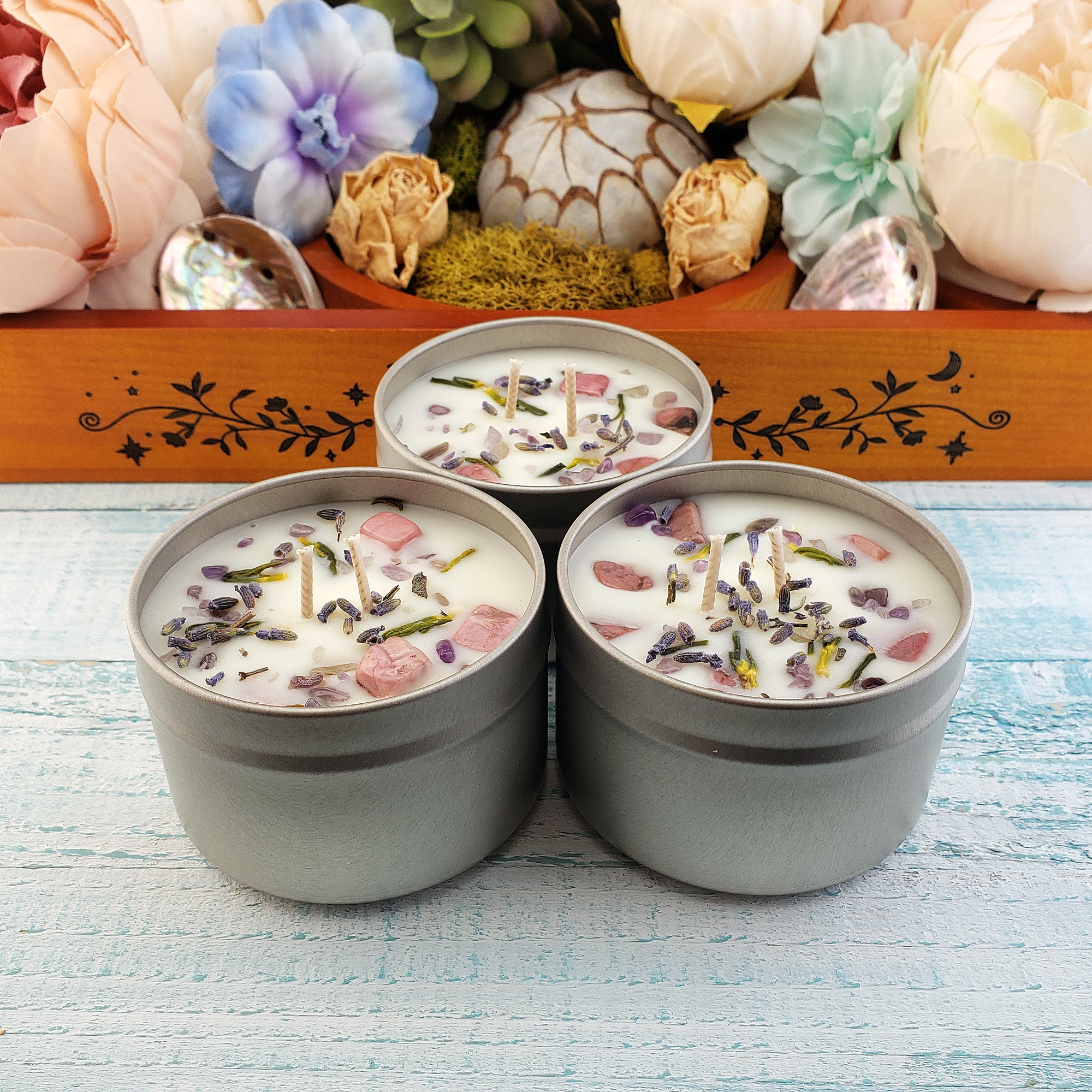 Magic Garden | LIMITED 4oz Handmade Coconut Soy Wax Scented Candle in Metal Tin with Lid - Trio Photo