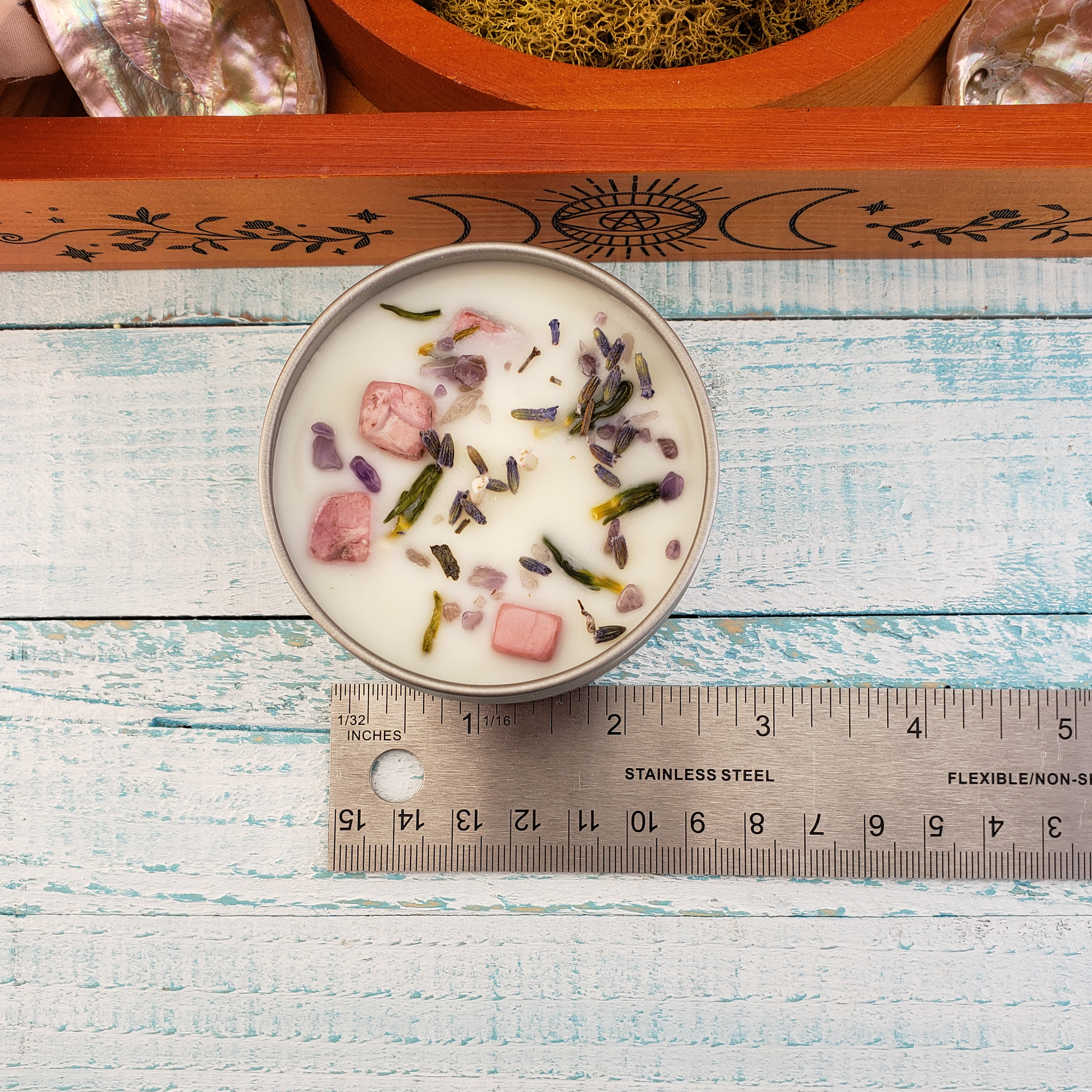 Magic Garden | LIMITED 4oz Handmade Coconut Soy Wax Scented Candle in Metal Tin with Lid - Measurements