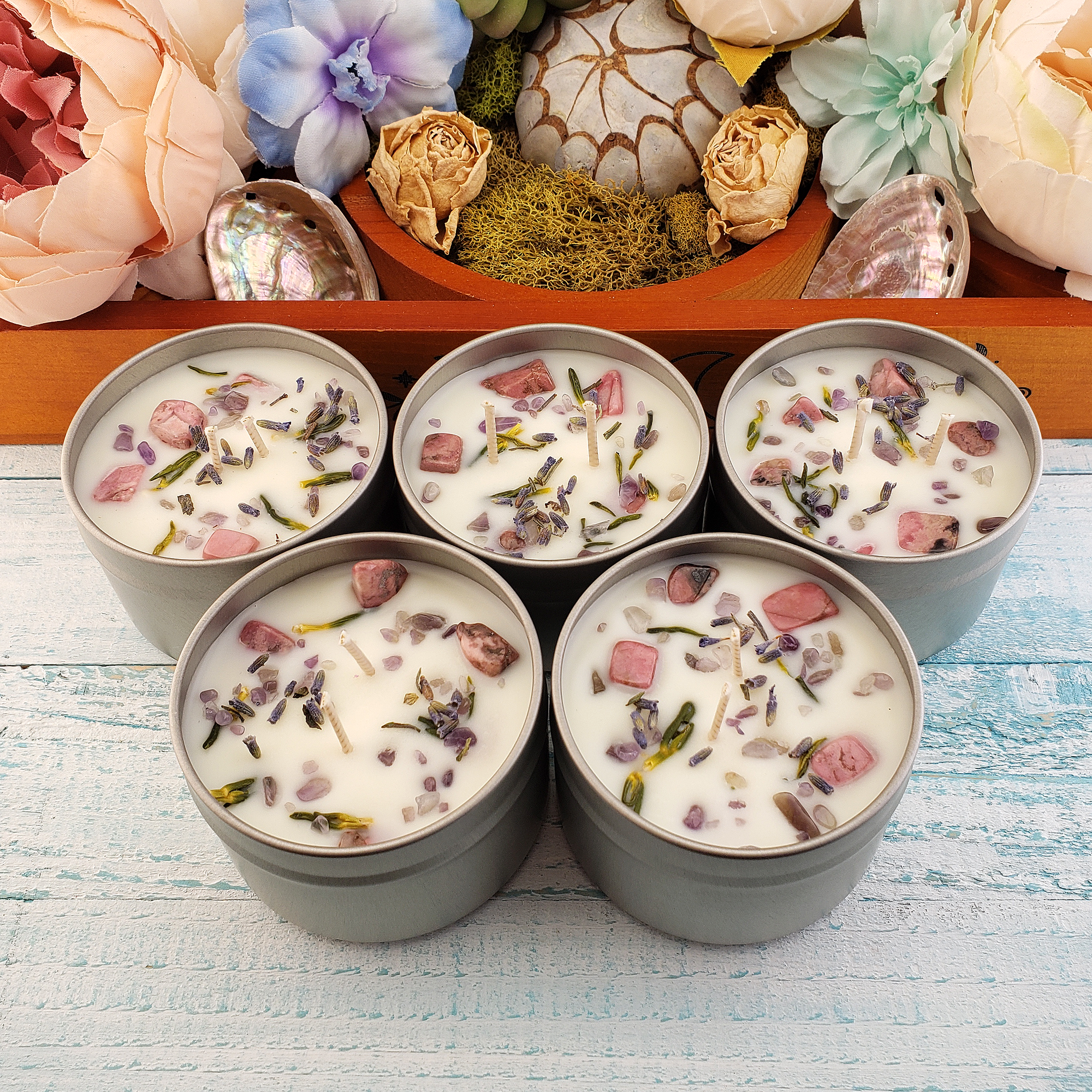 Magic Garden | LIMITED 4oz Handmade Coconut Soy Wax Scented Candle in Metal Tin with Lid - Group Photo