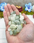 hand holding tumbled aquamarine crystal pieces
