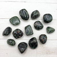 seraphinite stone pieces on display