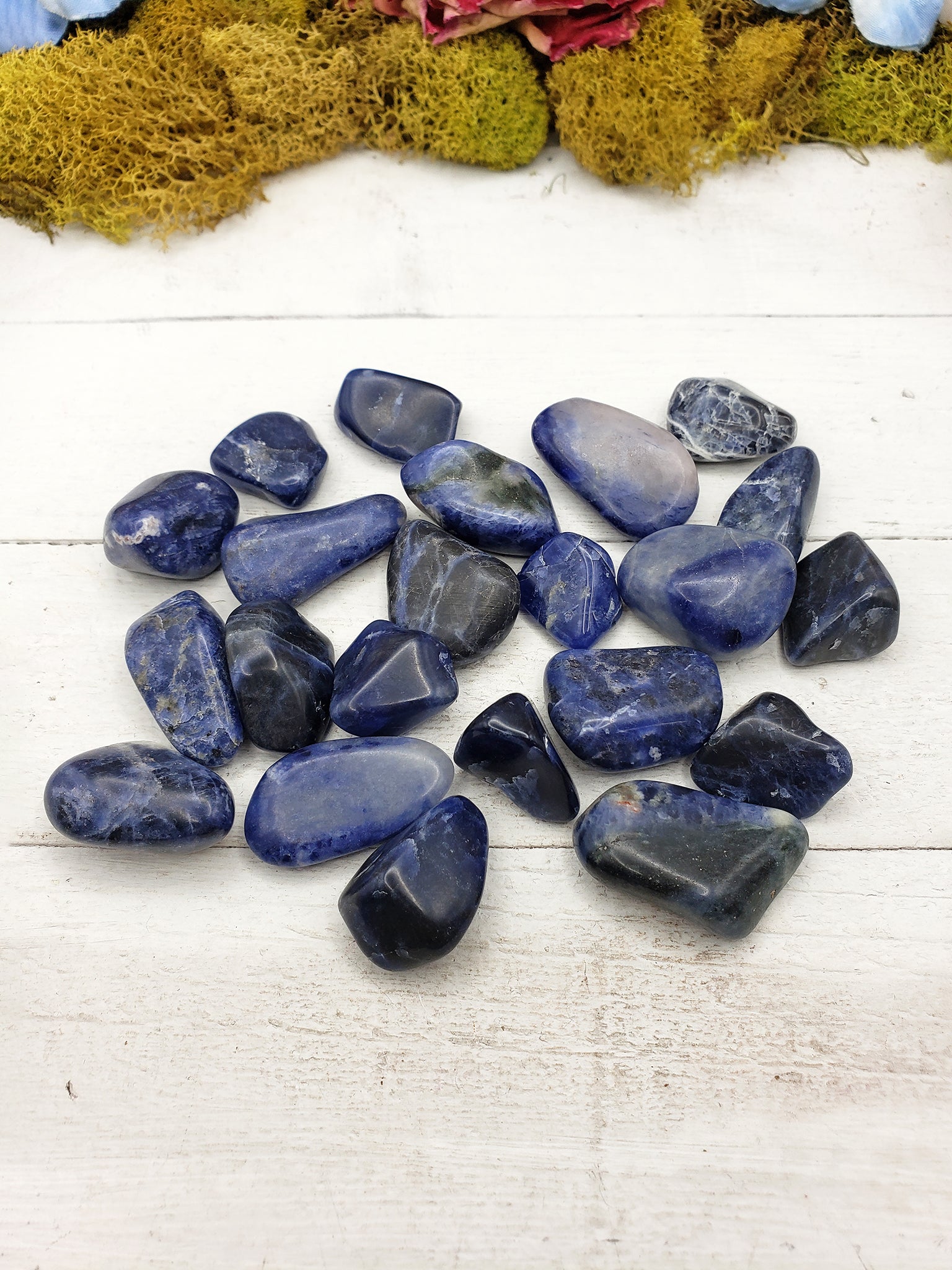 tumbled sodalite crystal pieces on display