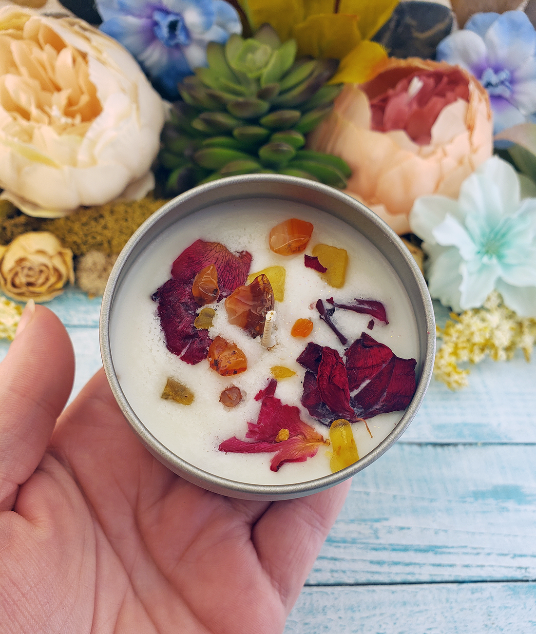 Romantic Passion - 4oz Coconut Soy Wax Handmade Scented Candle - Scented with Essential Oils - Rose Petals Crystal Chips - Carnelian