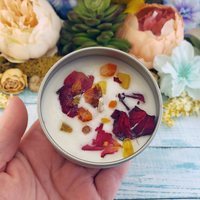 Romantic Passion - 4oz Coconut Soy Wax Handmade Scented Candle - Scented with Essential Oils - Rose Petals Crystal Chips - Carnelian