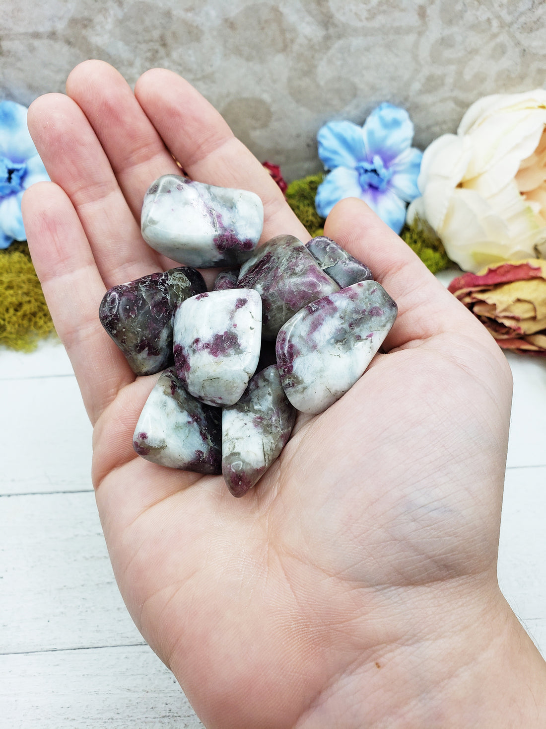 pink tourmaline in quartz crystals in hand