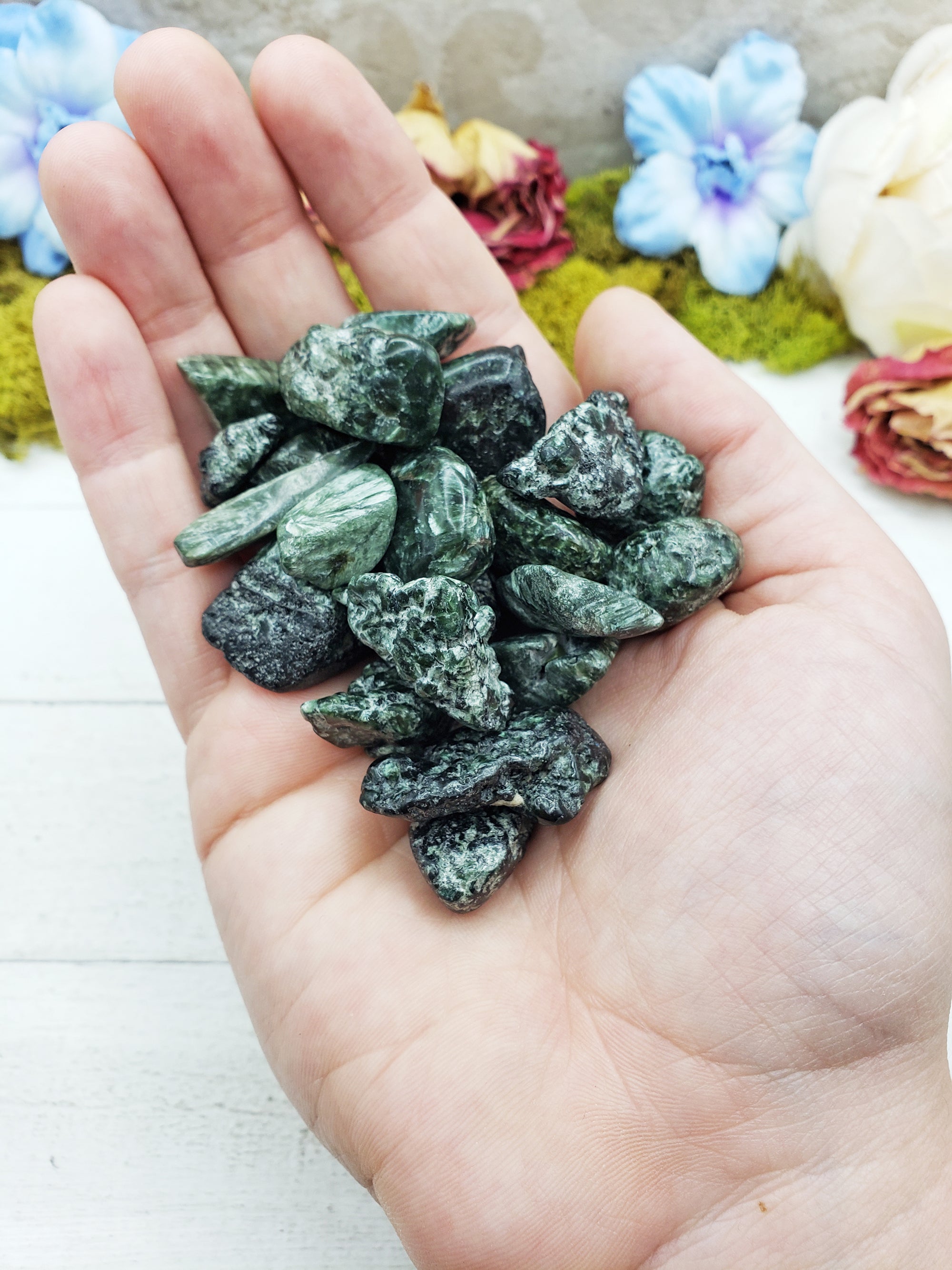 tumbled seraphinite stones in hand