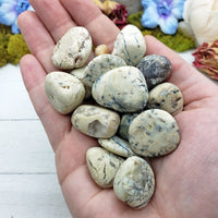 hand holding many white opal stones
