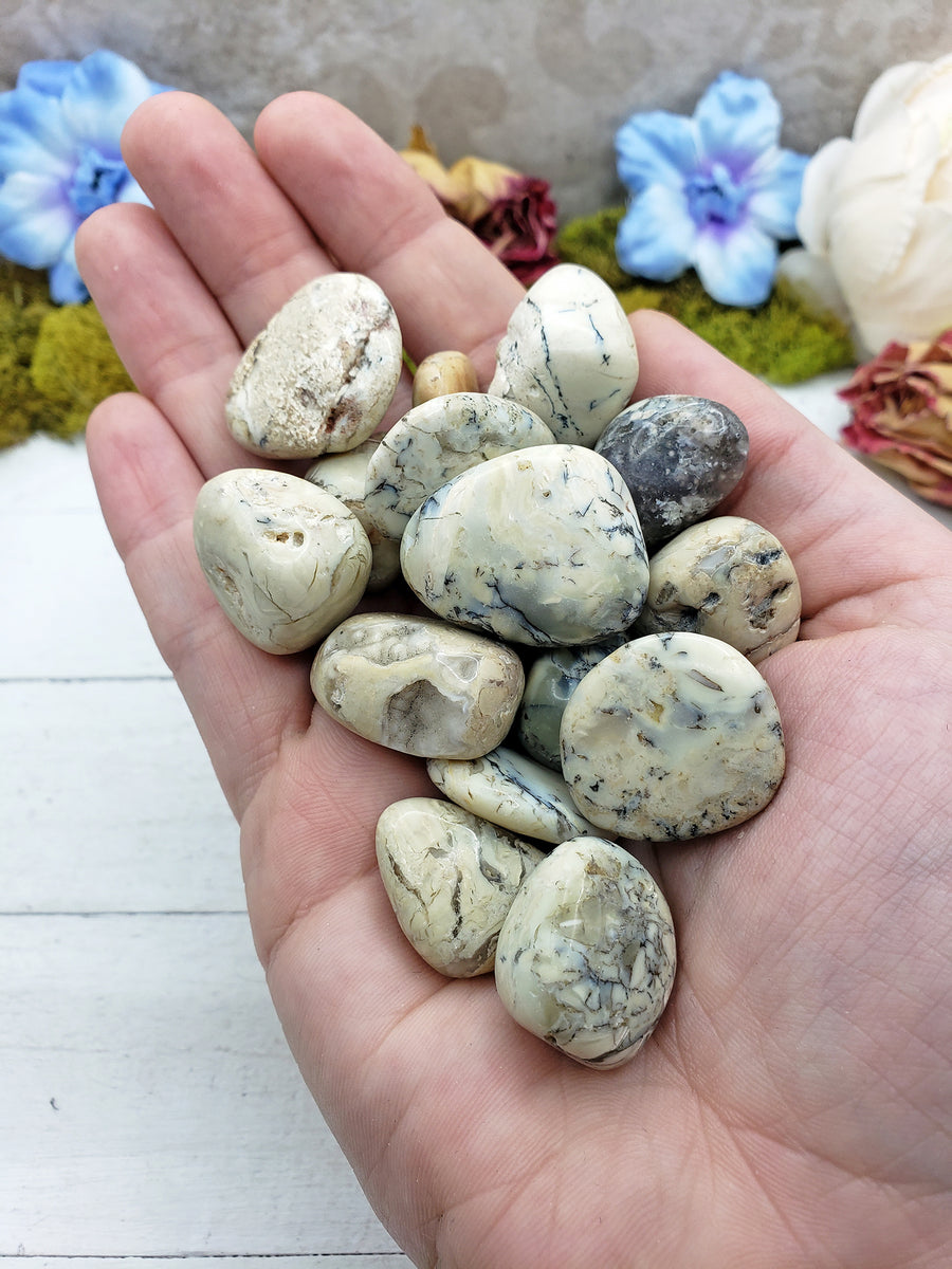 hand holding many white opal stones