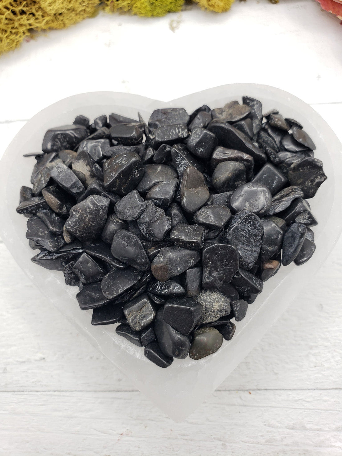 five ounces of black tourmaline in selenite bowl