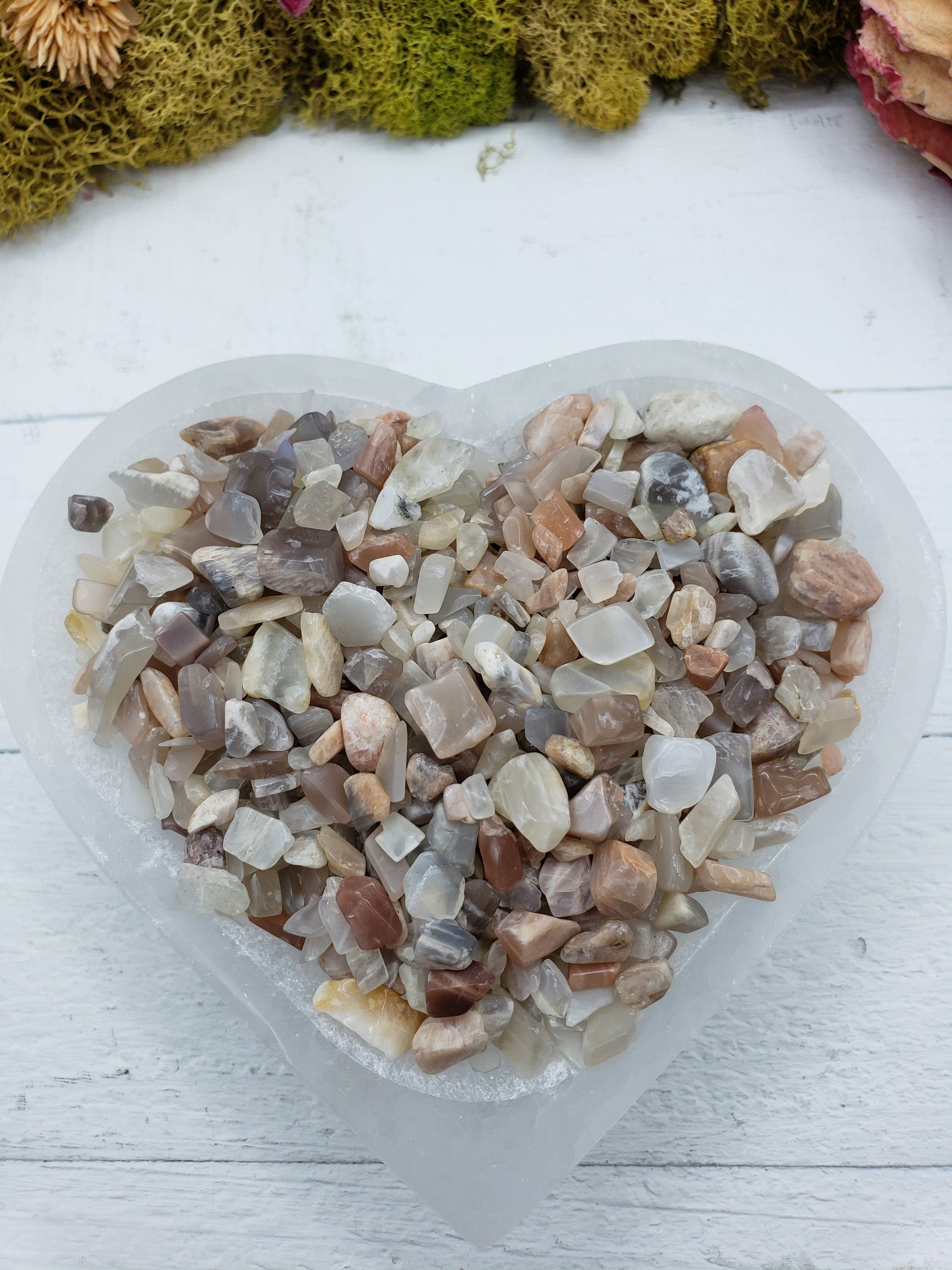 Five ounces of moonstone crystal chips in selenite bowl