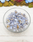 blue agate crystal chips in glass bowl