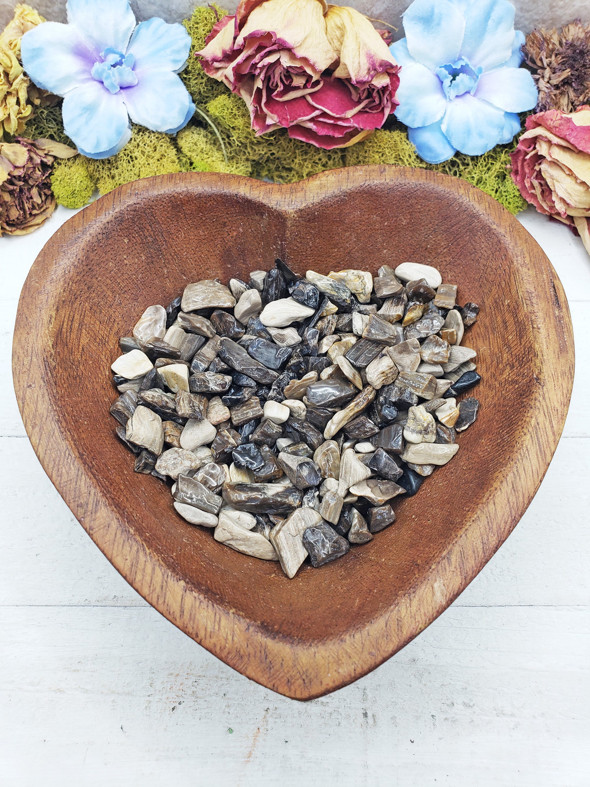 petrified wood chips in heart bowl