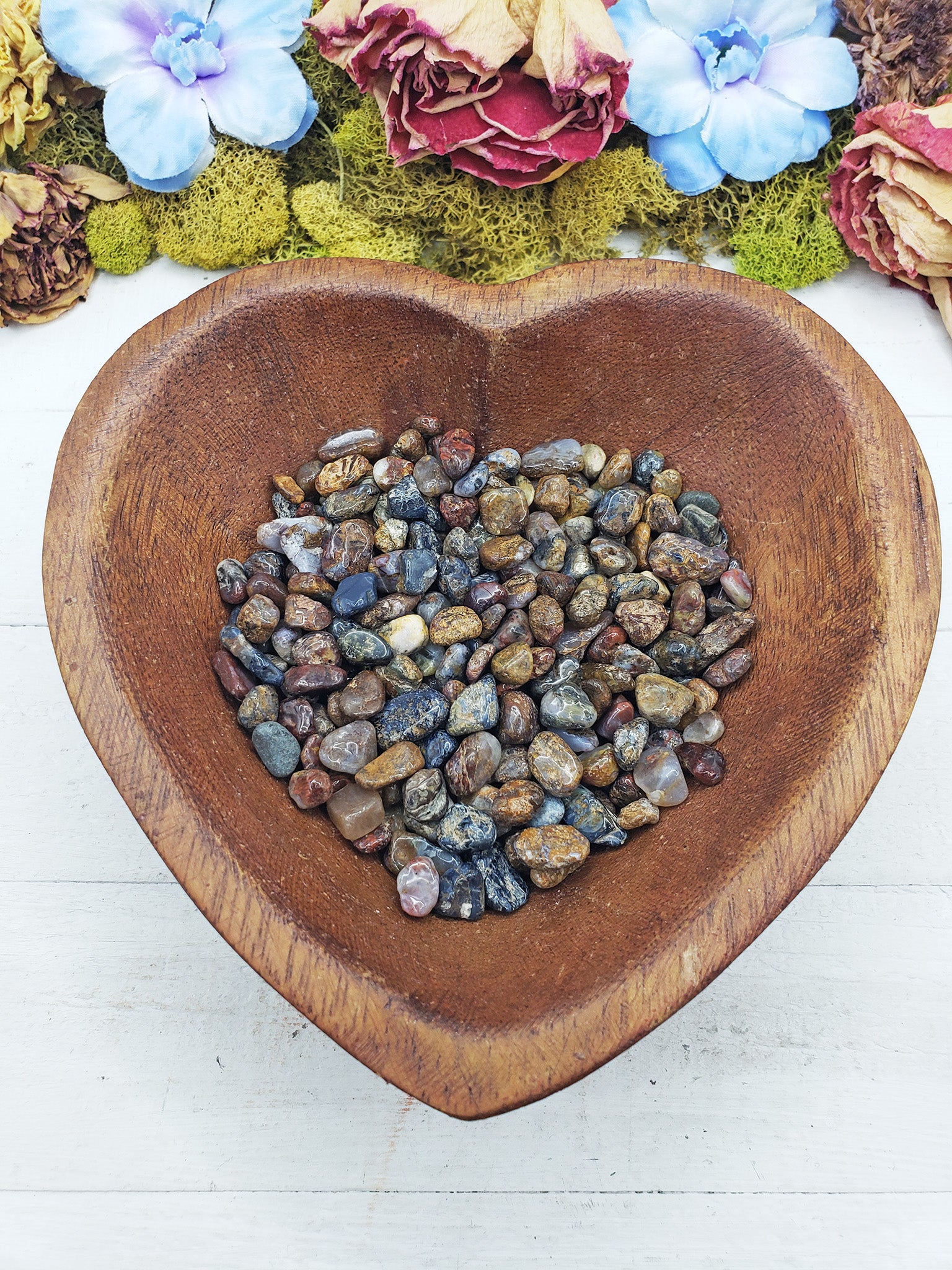 pietersite crystal chips in heart-shaped bowl