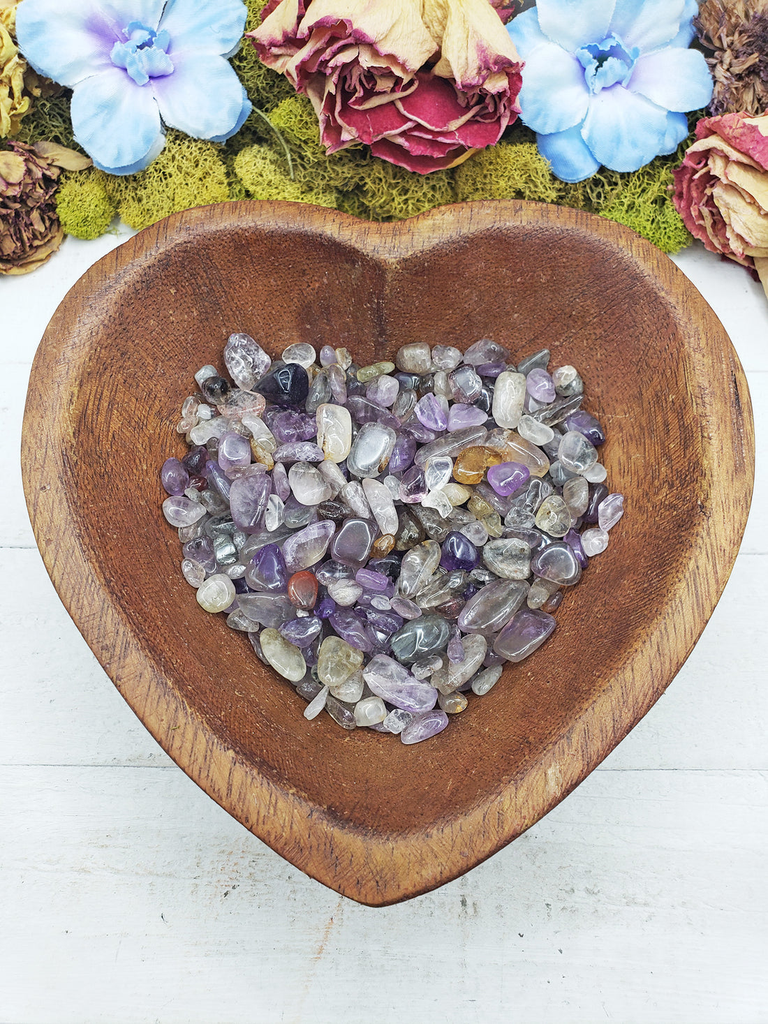 cacoxenite crystal chips in heart bowl