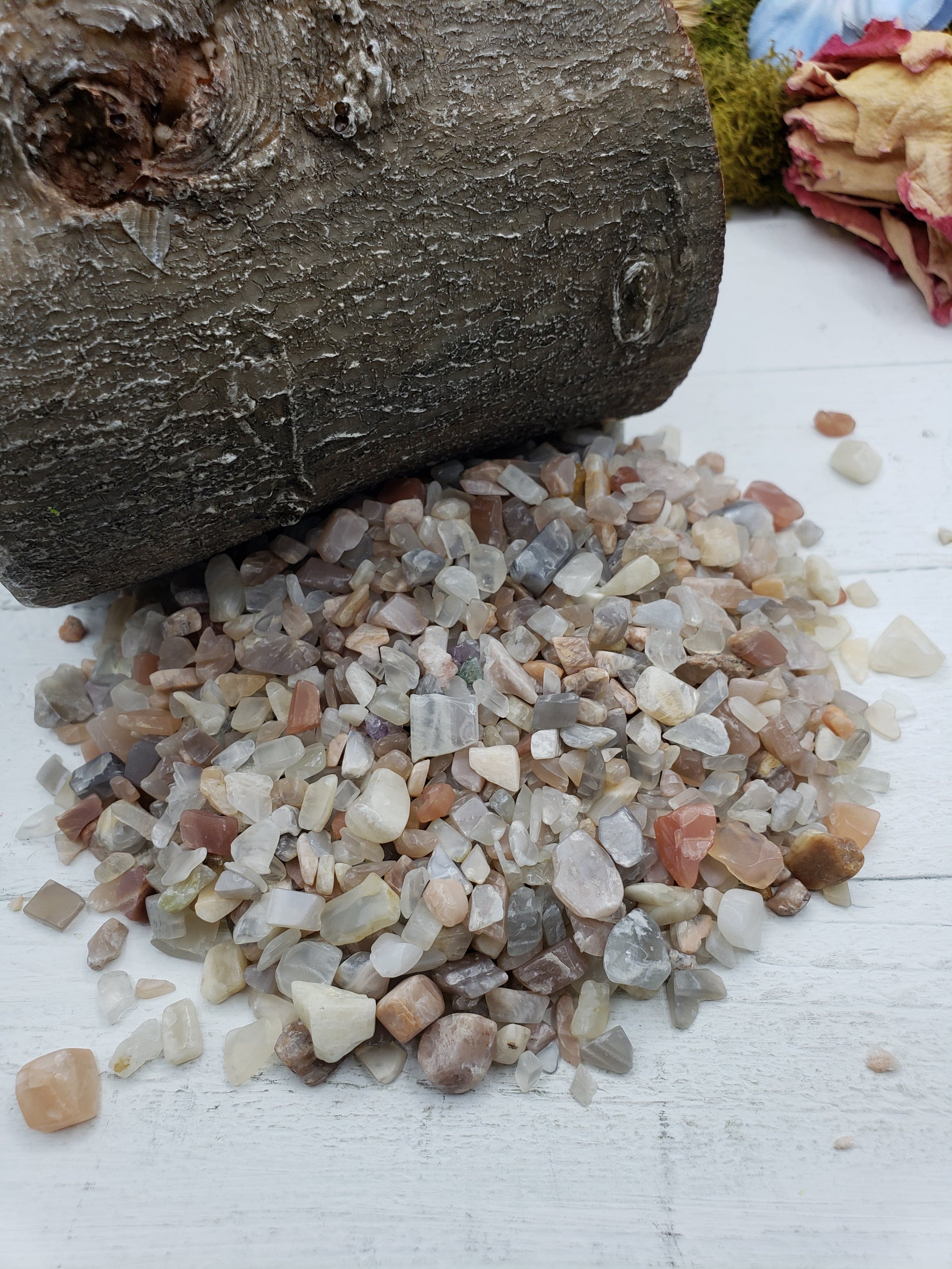 Six ounces of moonstone chips on display