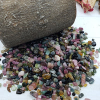 Six ounces of mixed multi tourmaline chips on display