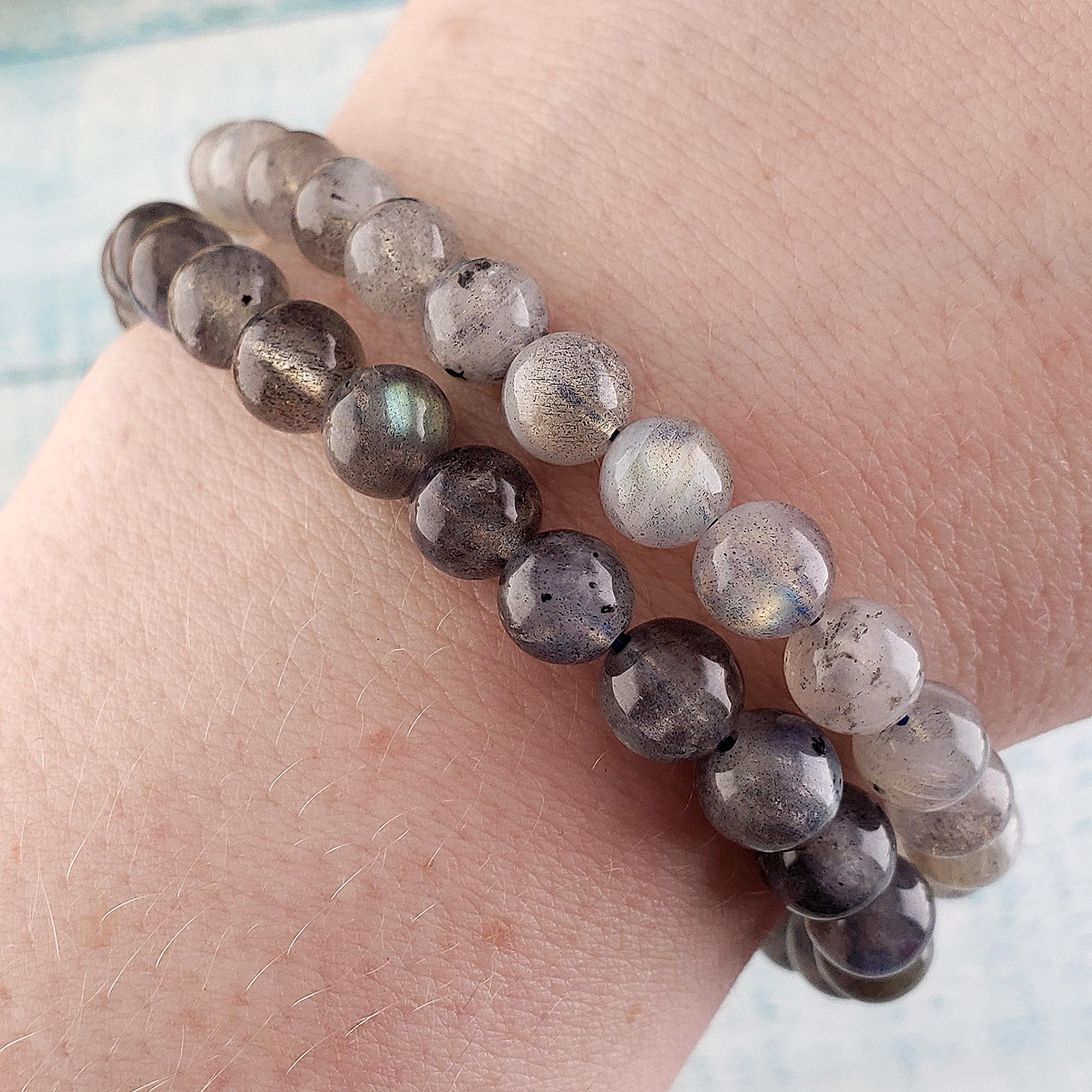 Labradorite Crystal Natural Gemstone 7-8mm Bead Bracelet - Close Up on Wrist