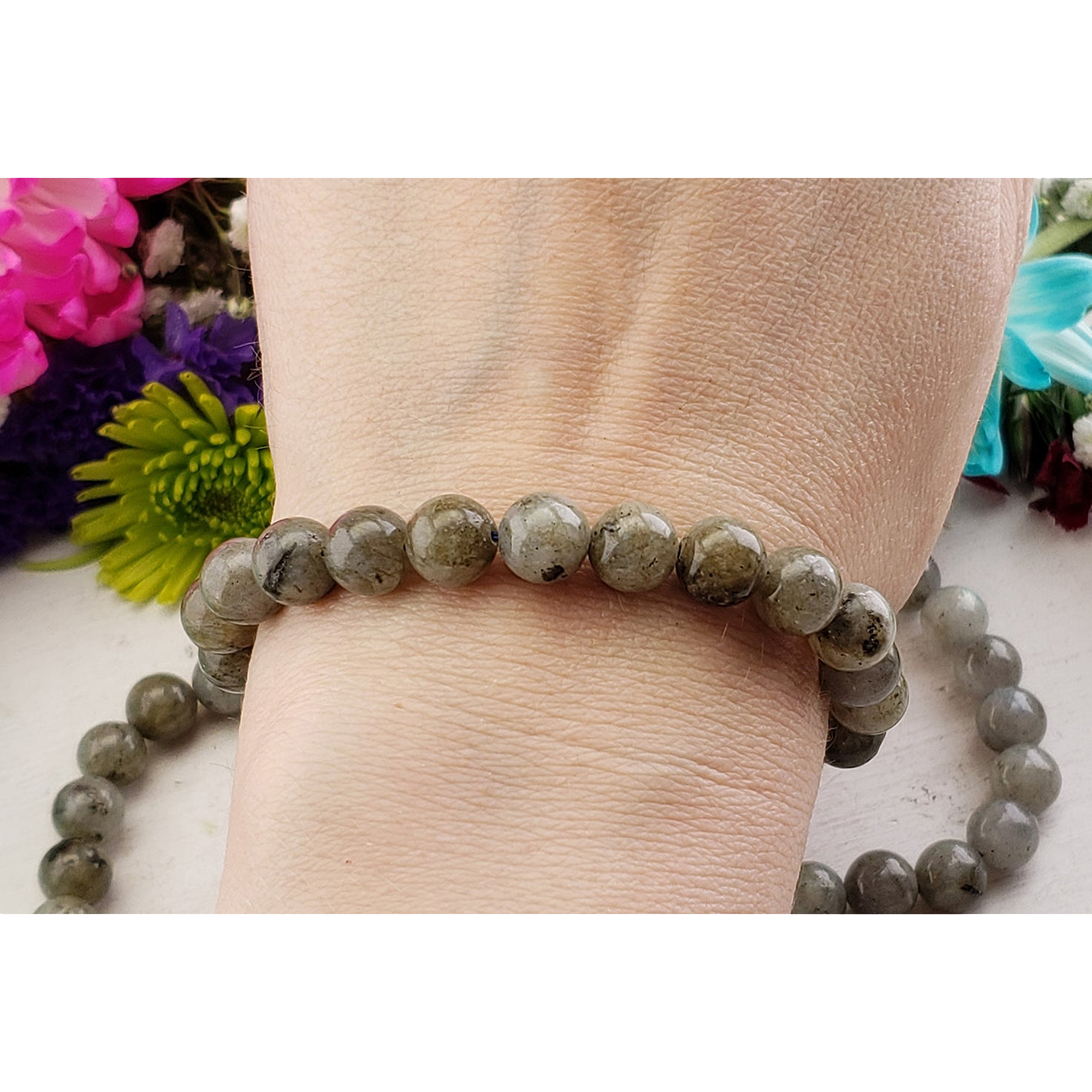 Labradorite Crystal Natural Gemstone 7-8mm Bead Bracelet - On Wrist, Less Flashy