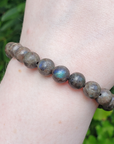 Labradorite Crystal Natural Gemstone 7-8mm Bead Bracelet - Close Up of Flash