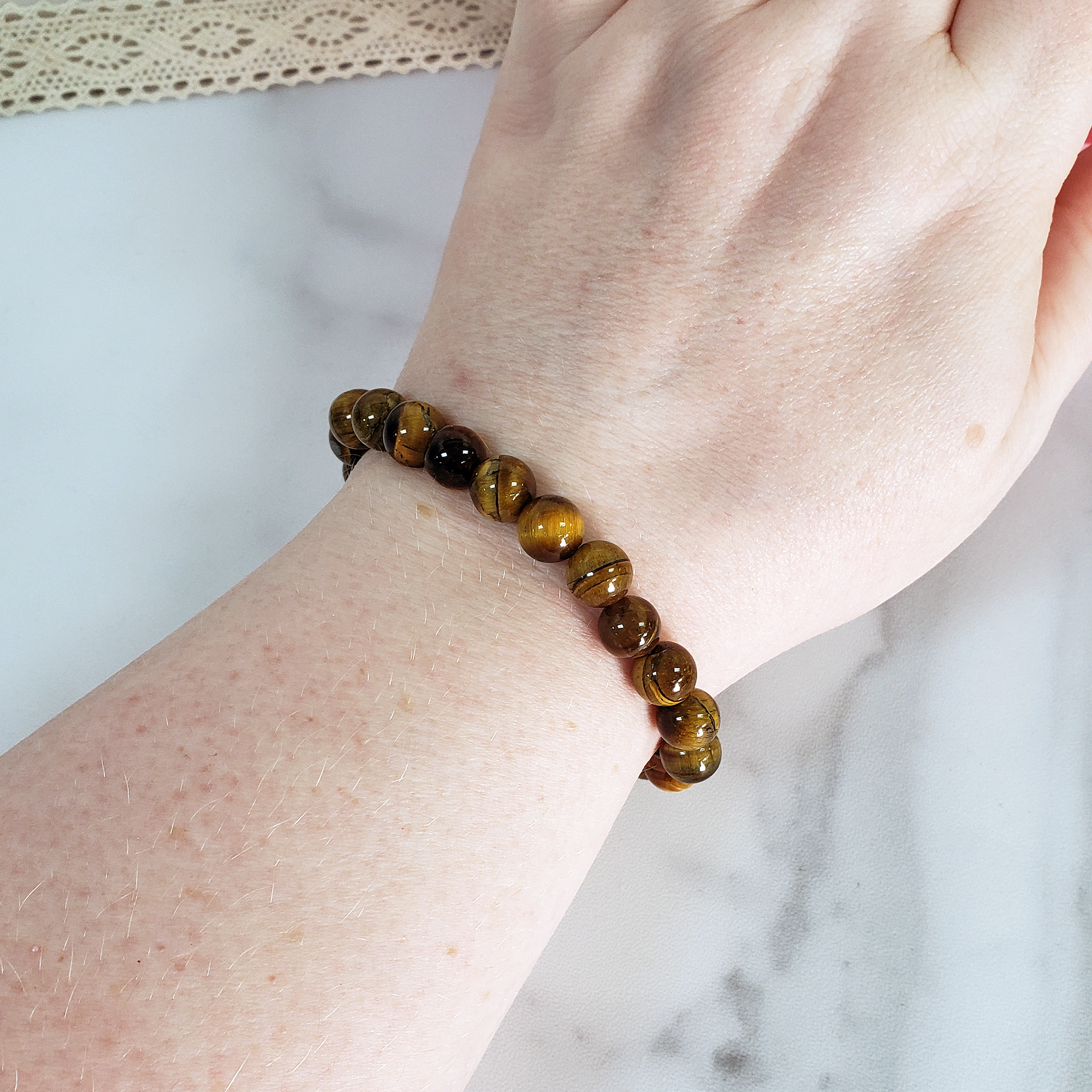 Tigers Eye Crystal Natural Gemstone 7-8mm Bead Bracelet - On Wrist