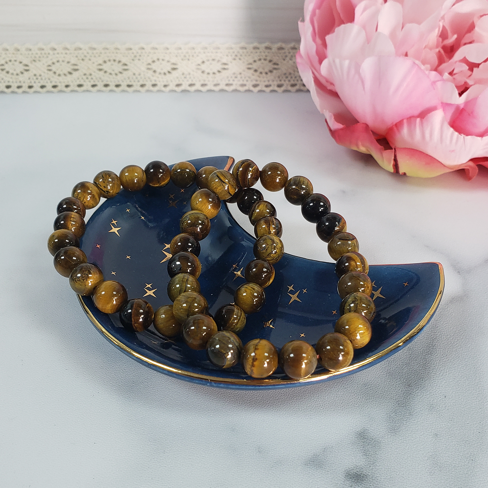 Tigers Eye Crystal Natural Gemstone 7-8mm Bead Bracelet - In Jewelry Dish