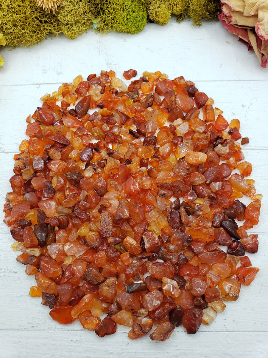 eight ounces of carnelian crystal chips on display