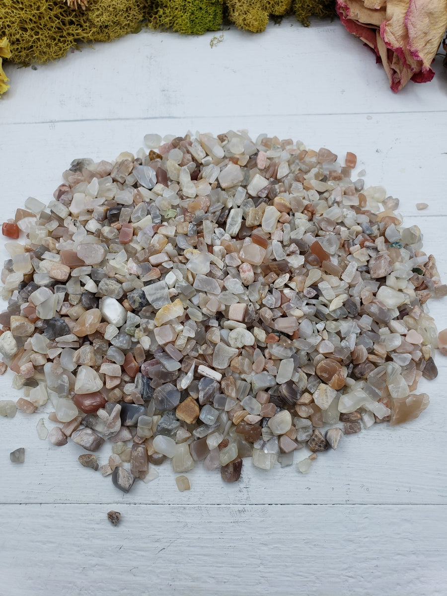 Eight ounces of moonstone crystal chips on display