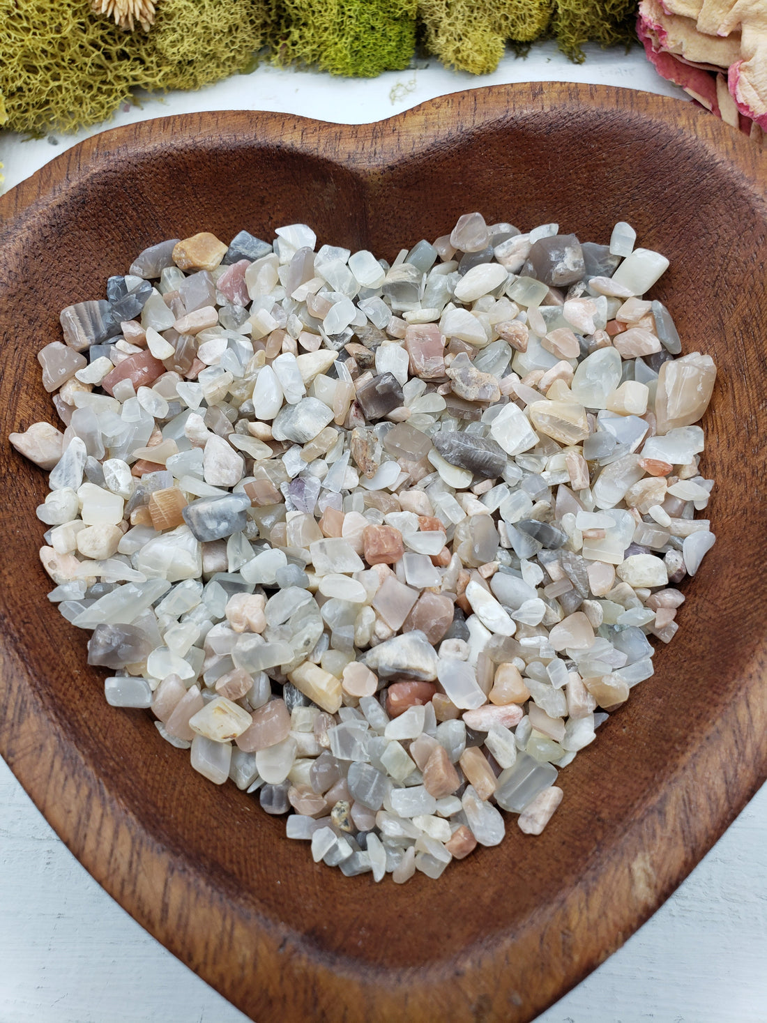 Eight ounces of moonstone chips in wooden bowl