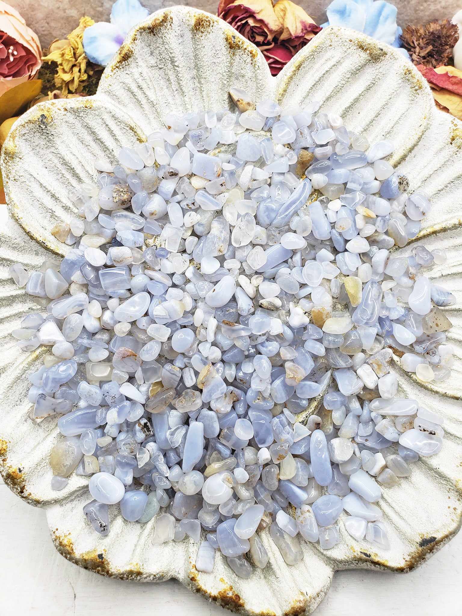 blue agate crystal chips on flower dish