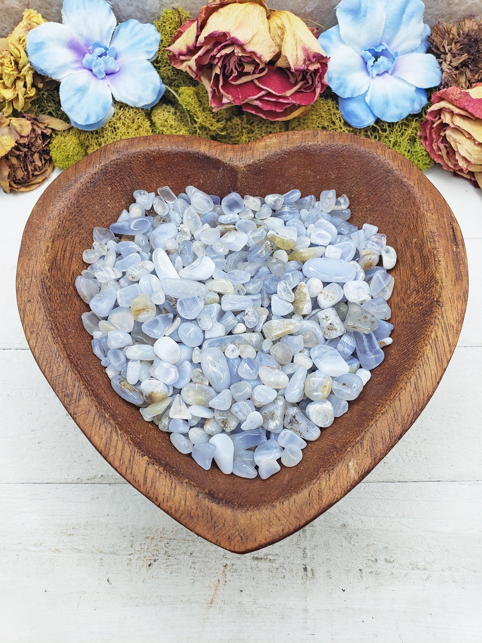 blue agate crystal chips in wooden heart bowl