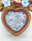 blue agate crystal chips in wooden heart bowl
